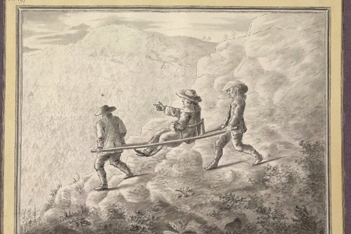 Sir William Guise of Elmore Court crosses the alps by Sedan chair- carried by two chair men paid half a crown