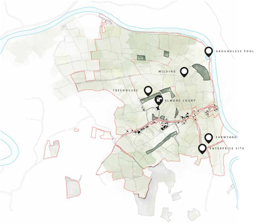 Map of elmore court estate and treehouse retreats in the rewilding area