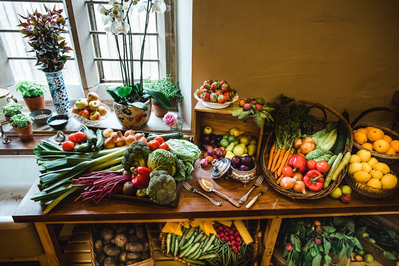 Freshly picked fruit and vegetables for wedding menu from the walled garden at Elmore Court