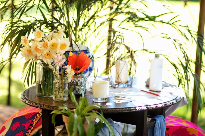 flowers on tables outdoor wedding