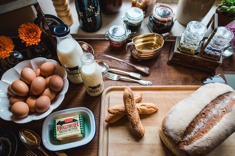 Fresh food from the farms at Elmore, bread, butter, eggs and milk from wholly cow