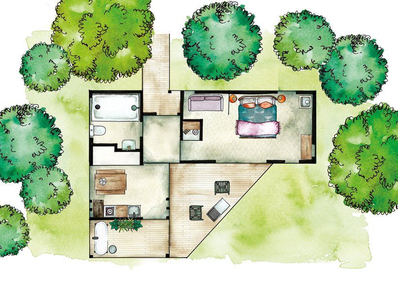 Water colour painting of an architectural plan showing a woodland treehouse