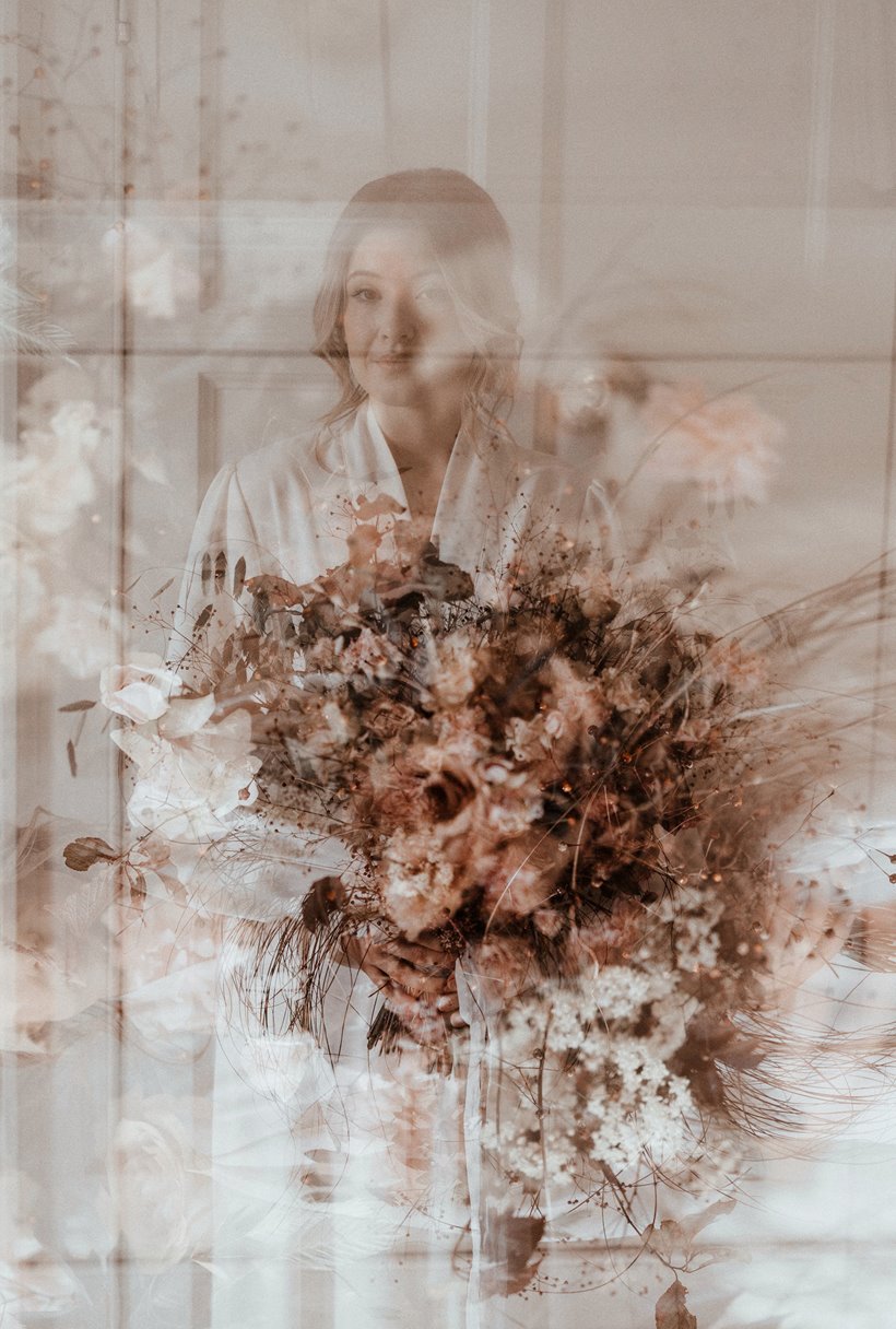 Slightly psychedelic wedding photo fine art creative exposure bride holding flowers