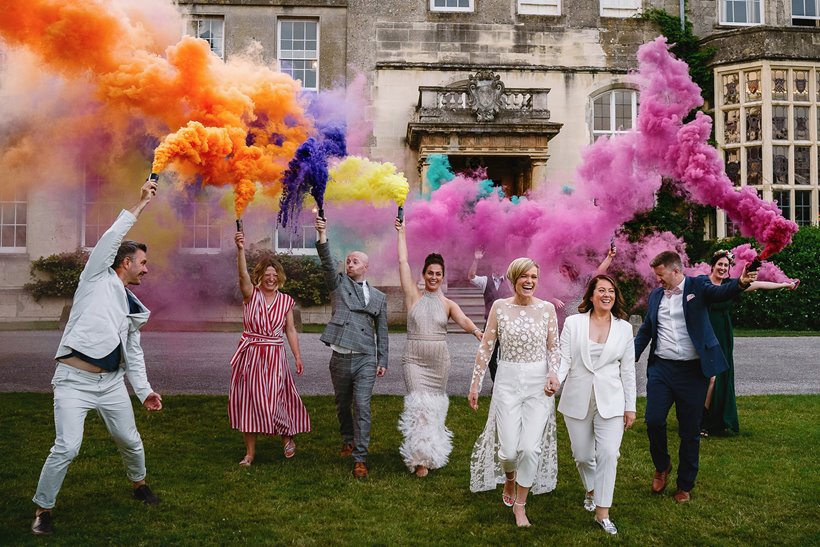 Funny wedding smoke bomb photography