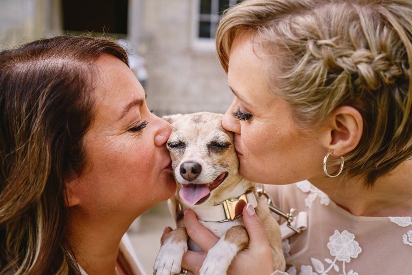 Two brides kiss their dog on their wedding day